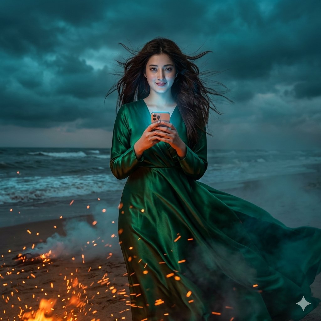 Stormy Beach Emerald Dress - AI image template preview