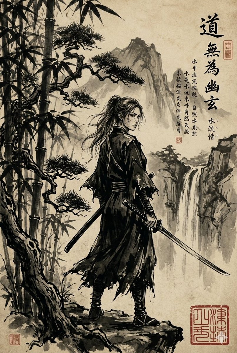 Ink-Wash Samurai Landscape - AI image template preview