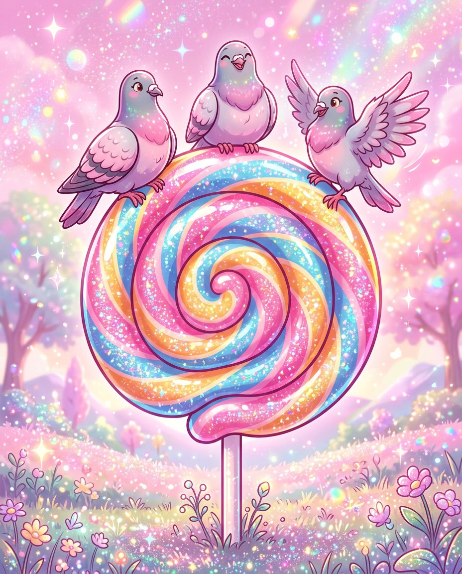 Whimsical Lollipop and Pigeons Illustration - AI image template preview