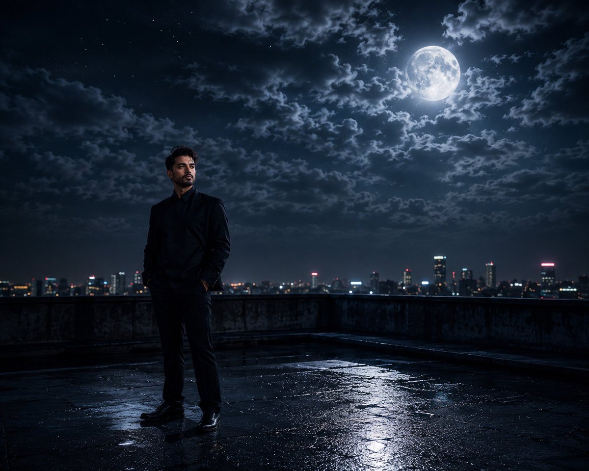Cinematic Moonlight Rooftop Portrait Collage - AI image template preview