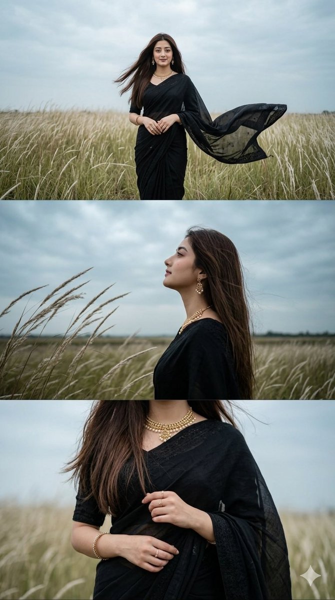 Black Saree Triptych Woman Portrait - AI image template preview