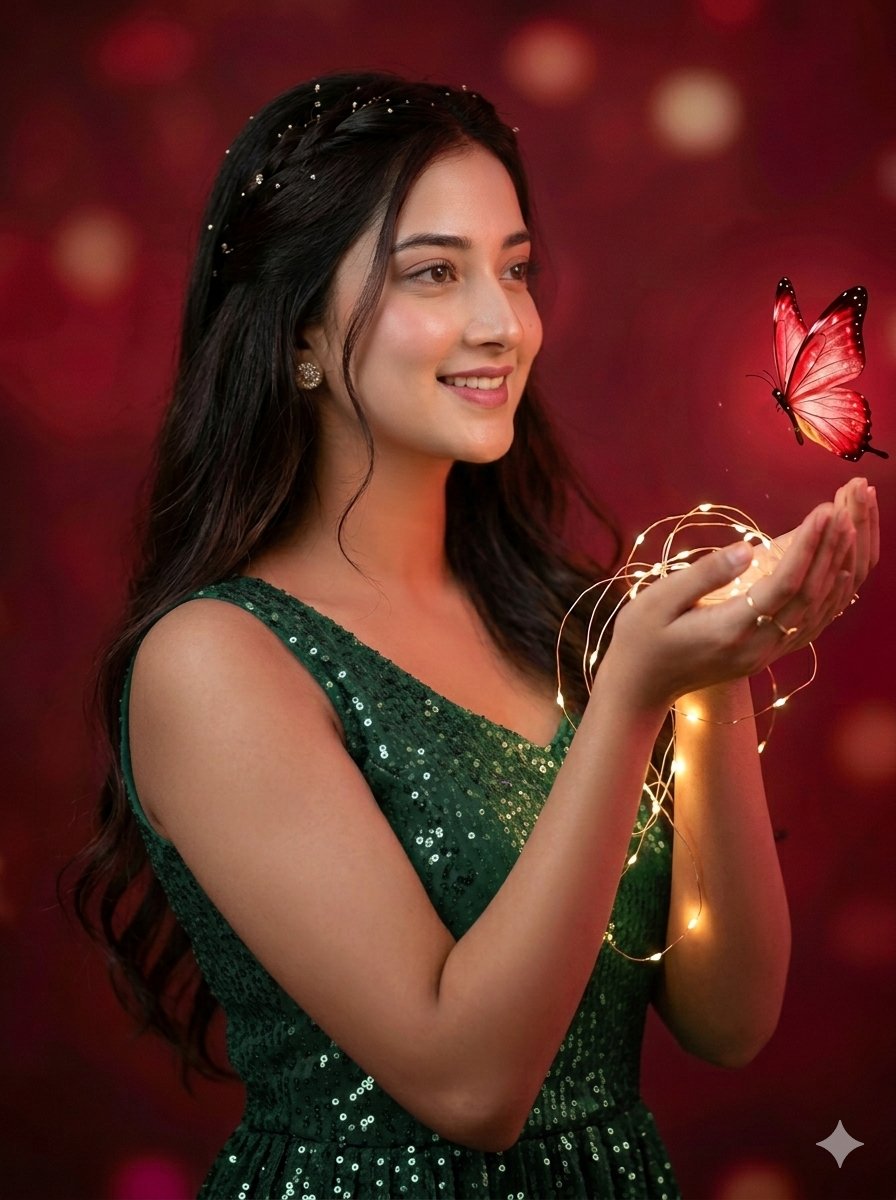 Dreamy nocturnal portrait with fairy lights - AI image template preview