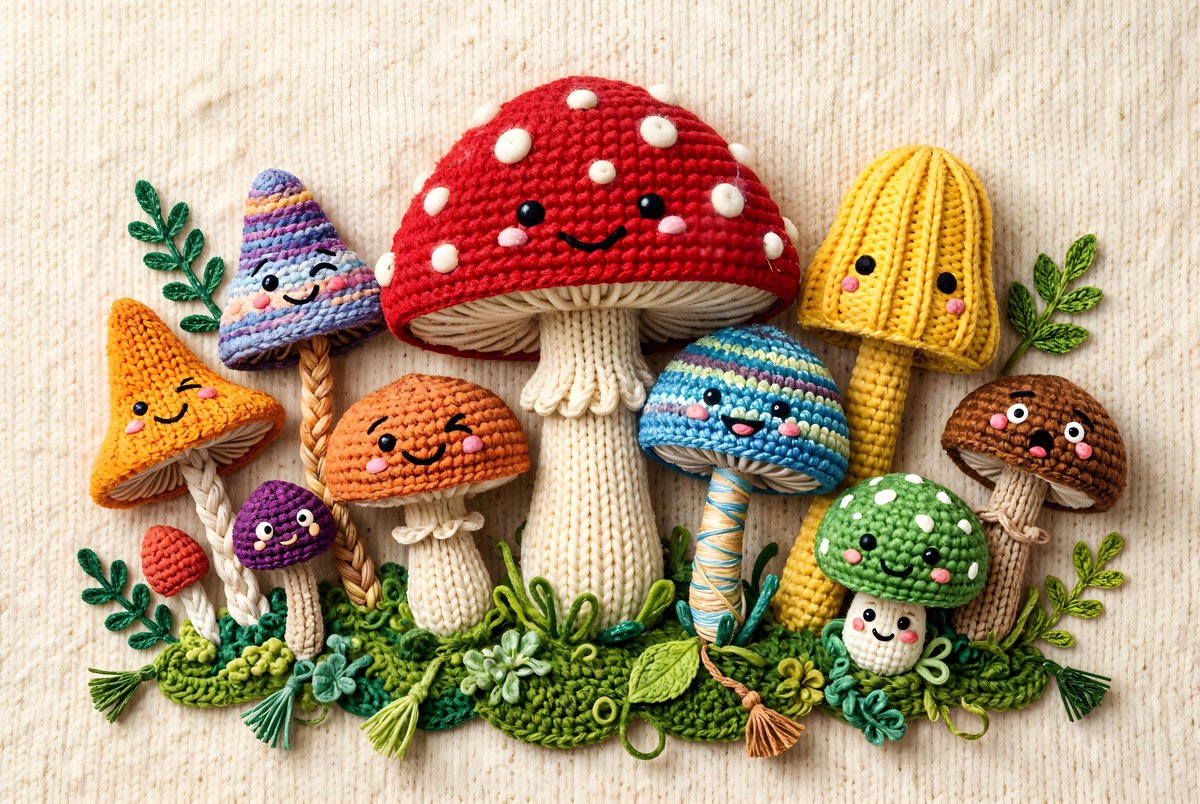 Whimsical Yarn Style Mushrooms - AI image template preview