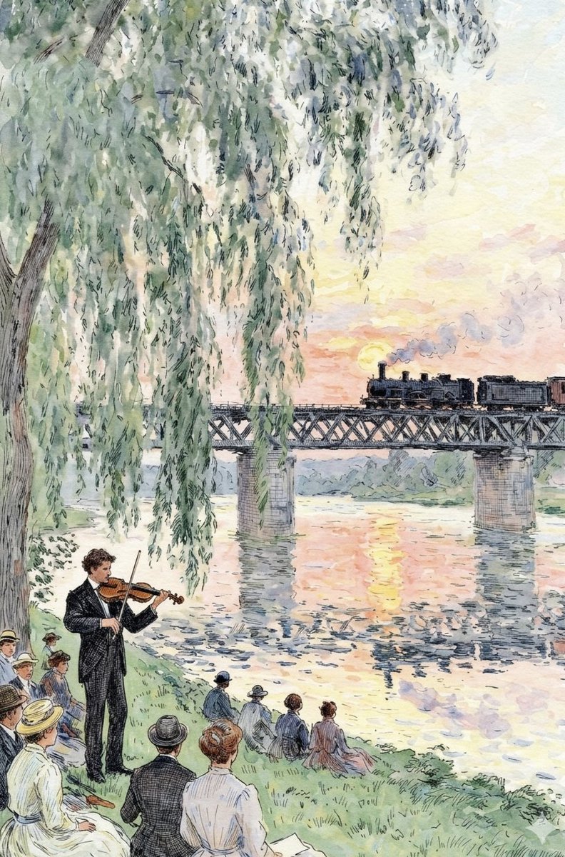 Watercolor Riverside Violinist at Sunset - AI image template preview