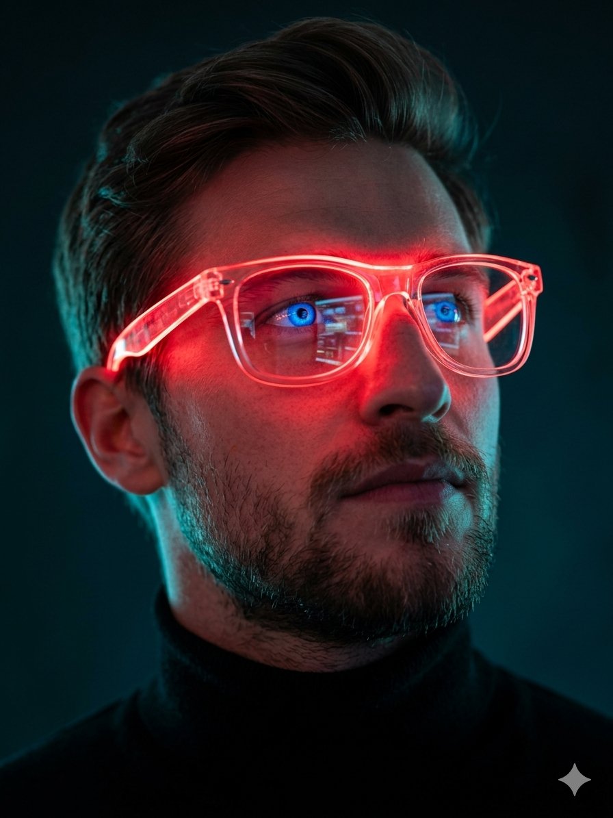 Neon Red Glasses Cinematic Portrait - AI image template preview