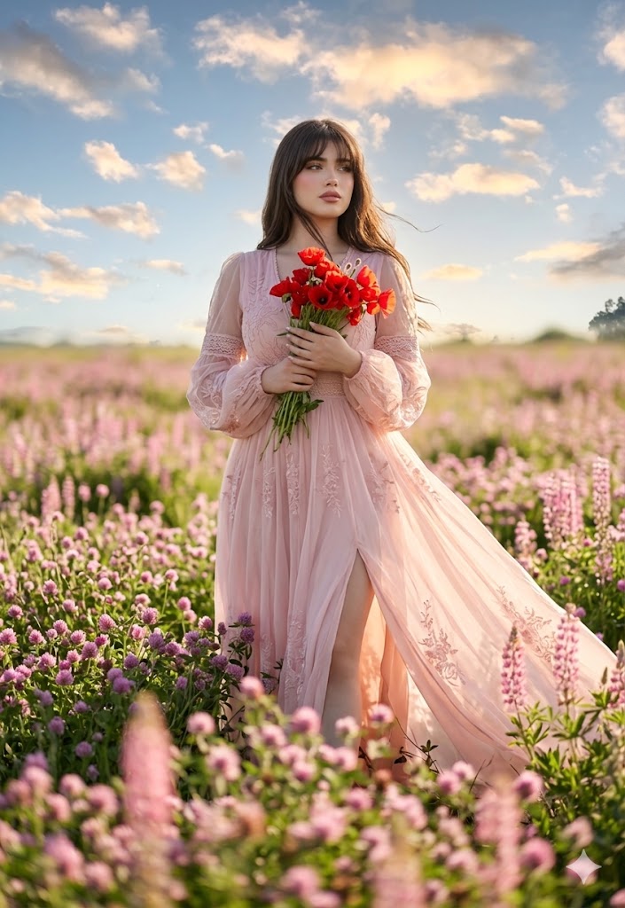 Pink Chiffon Gown Wildflower Field - AI image template preview
