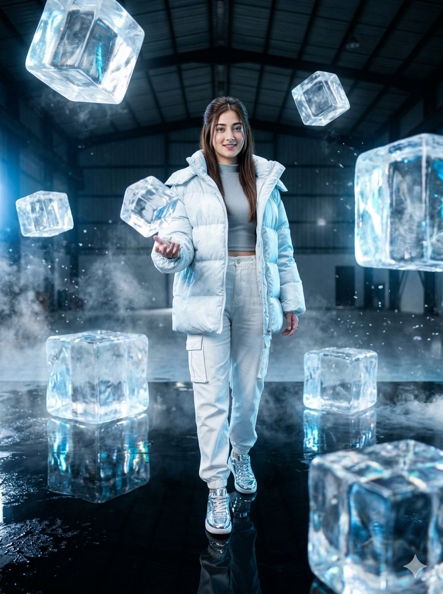 Futuristic Frozen Warehouse Fashion Shoot - AI image template preview