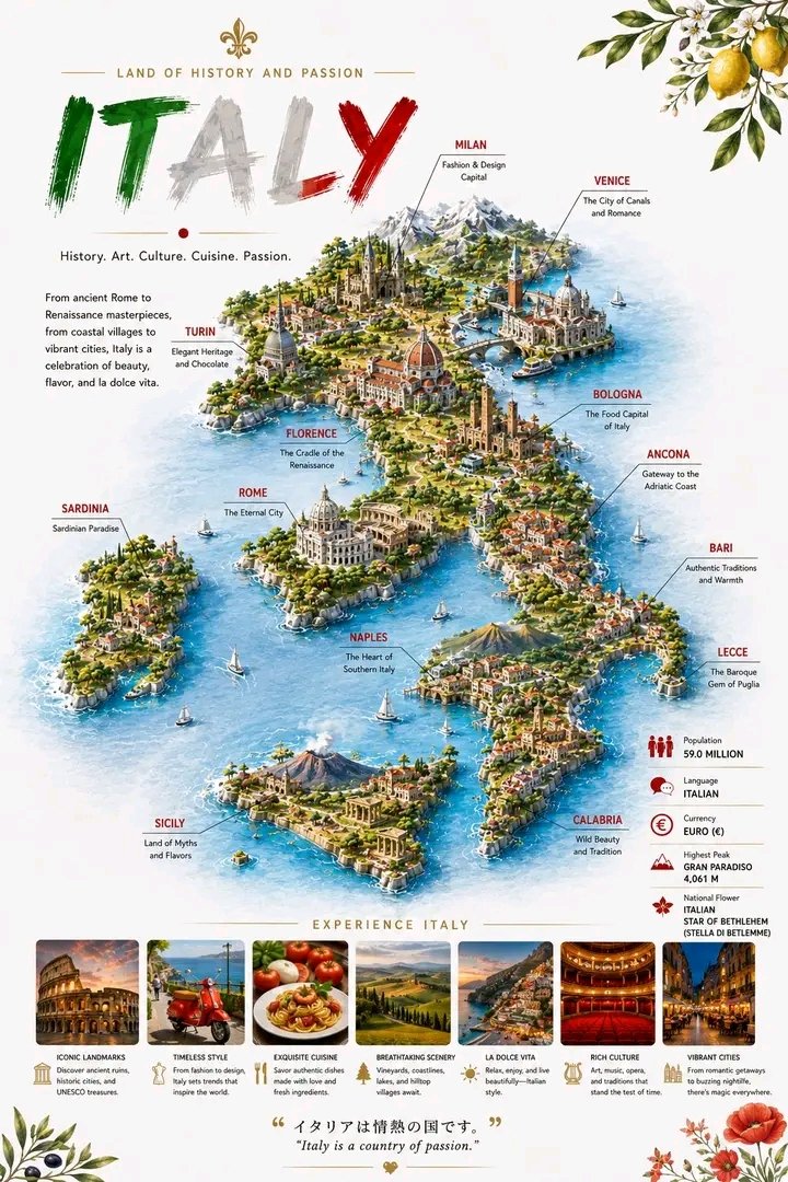 Detailed 3D Travel Infographic Map of Italy - AI image template preview
