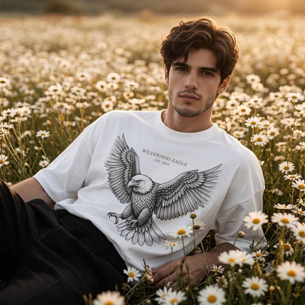 Male Model Streetwear Campaign in Daisy Field - AI image template preview