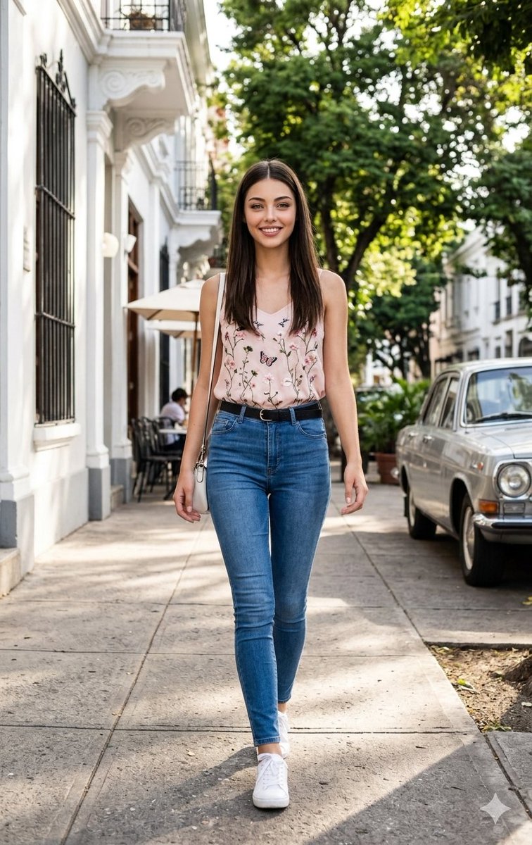 Woman Walking on City Sidewalk - AI image template preview