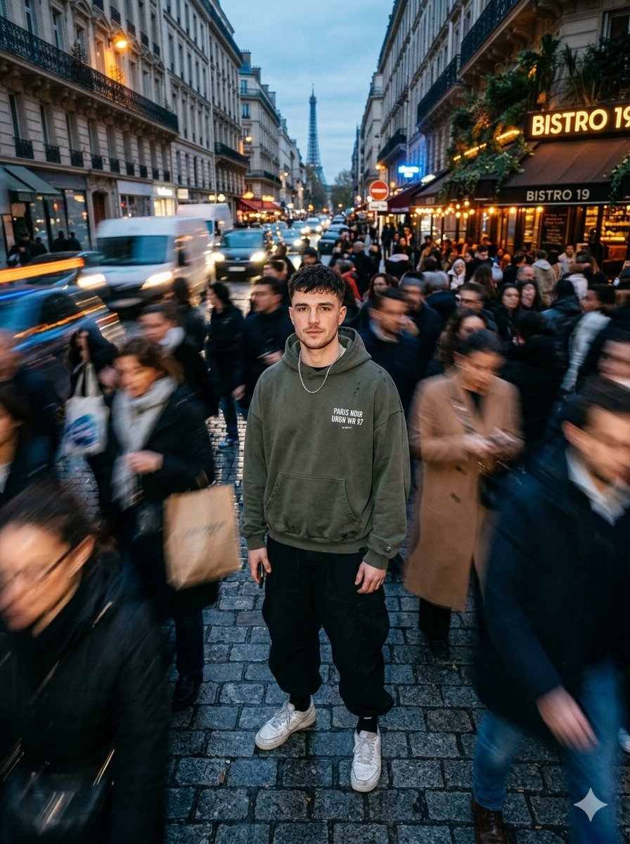 Streetwear Model in Paris Crowd - AI image template preview