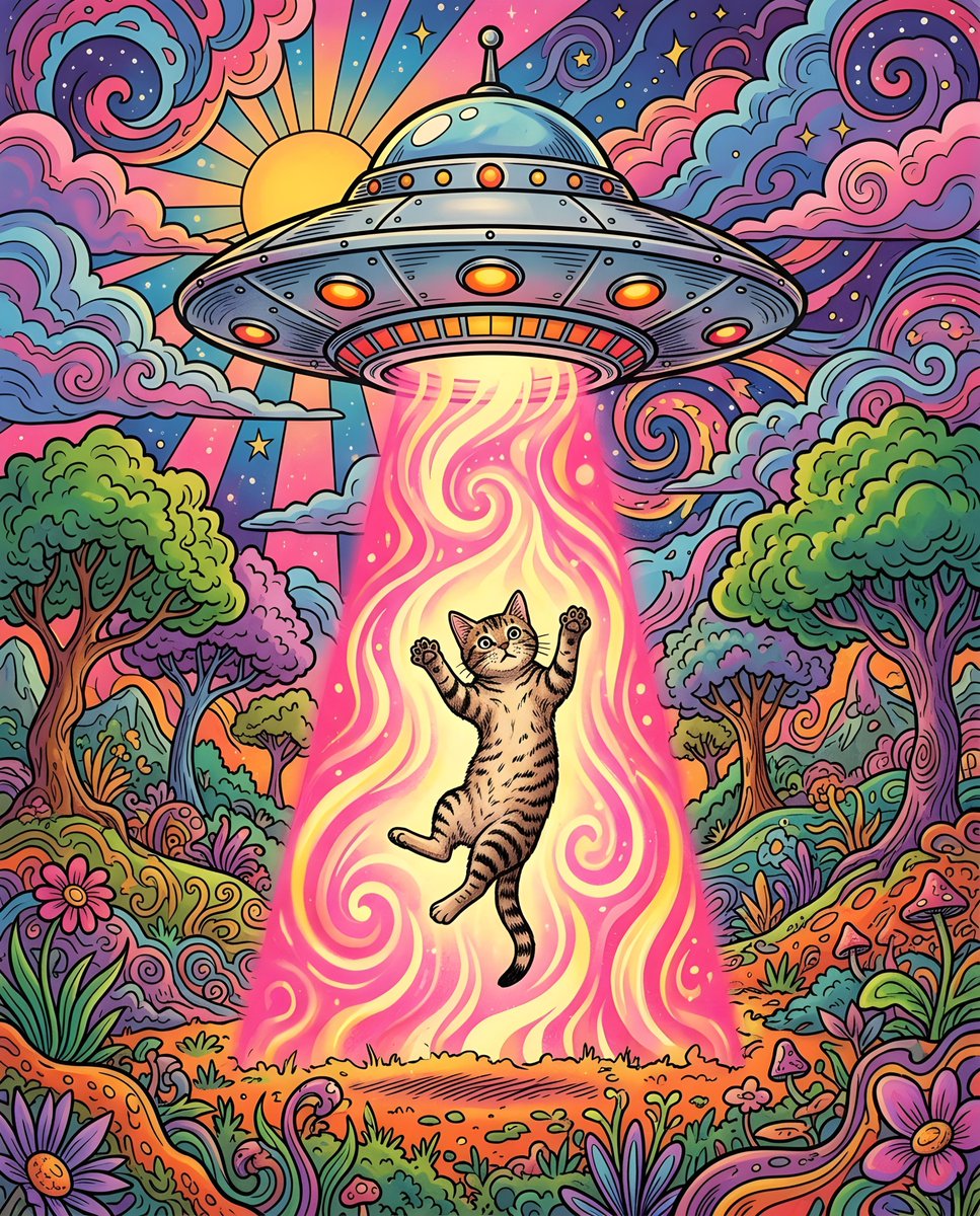 1970s Psychedelic Cat UFO Abduction - AI image template preview