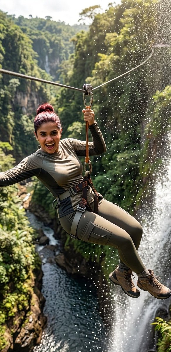 Waterfall Zipline Adventure Action Shot - AI image template preview