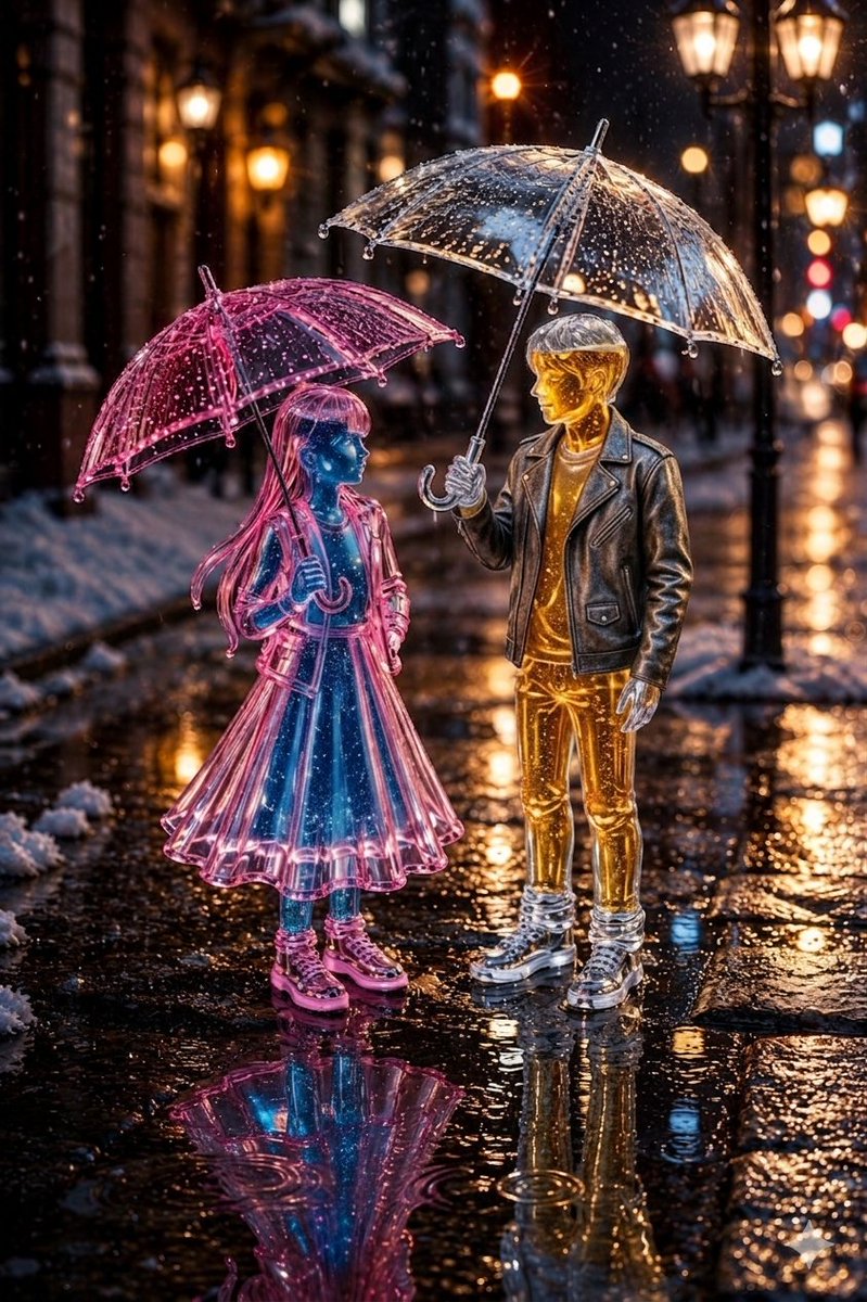 Whimsical Glass Couple in Winter Snowfall - AI image template preview
