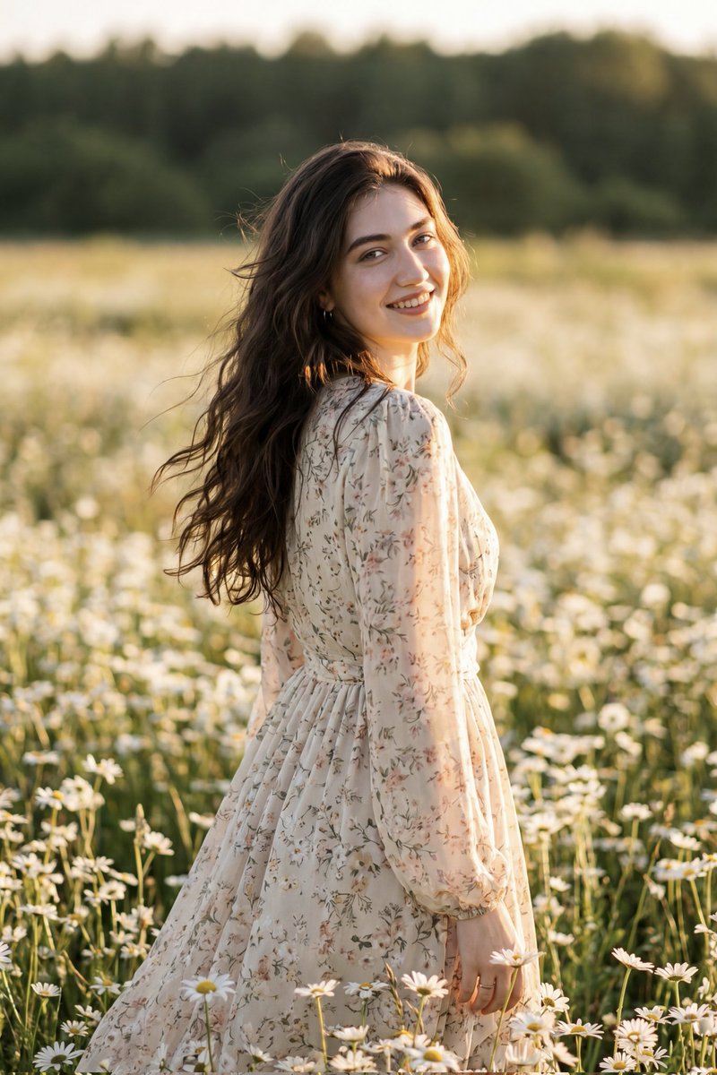 Golden Hour Daisy Field Portrait - AI image template preview