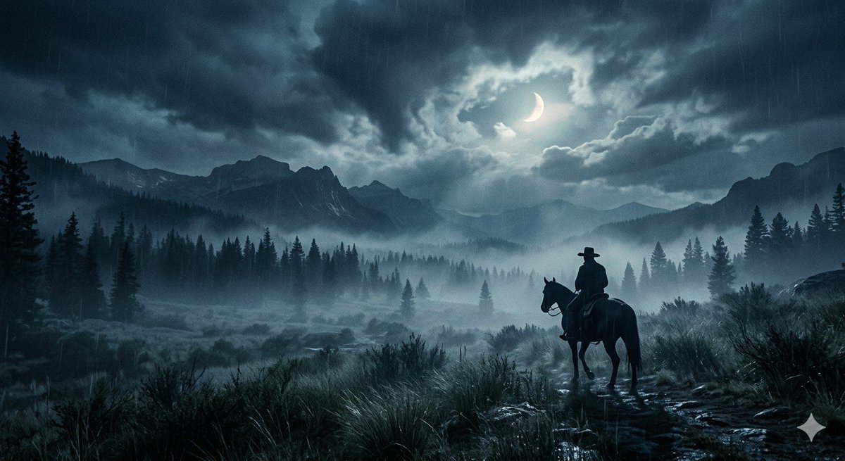 Lone Cowboy Moonlit Misty Night - AI image template preview