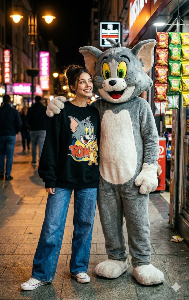 Woman and Cat Mascot Street Encounter - AI image template preview