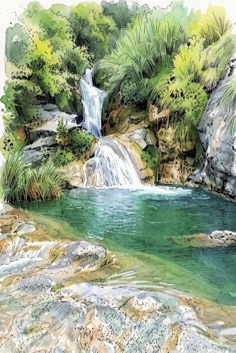 Tropical Oasis Waterfall Watercolor Illustration - AI image template preview