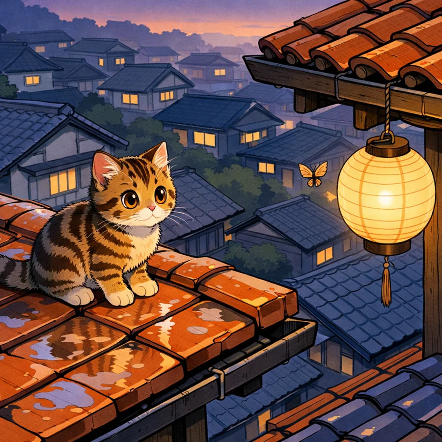 Tabby Kitten on Rain-Wet Rooftop - AI image template preview