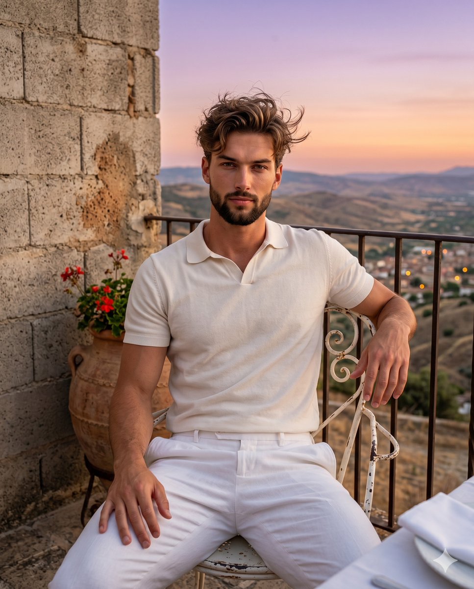 Mediterranean Twilight Terrace Portrait - AI image template preview