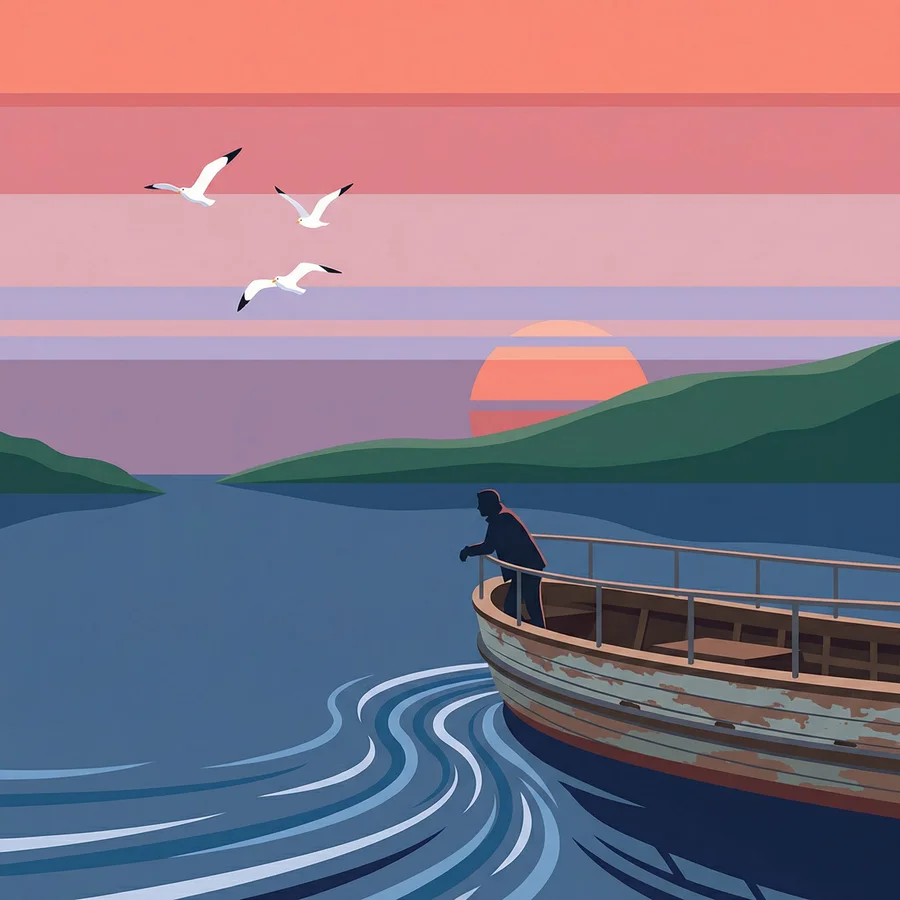 Fishing Boat Sunset Illustration - AI image template preview