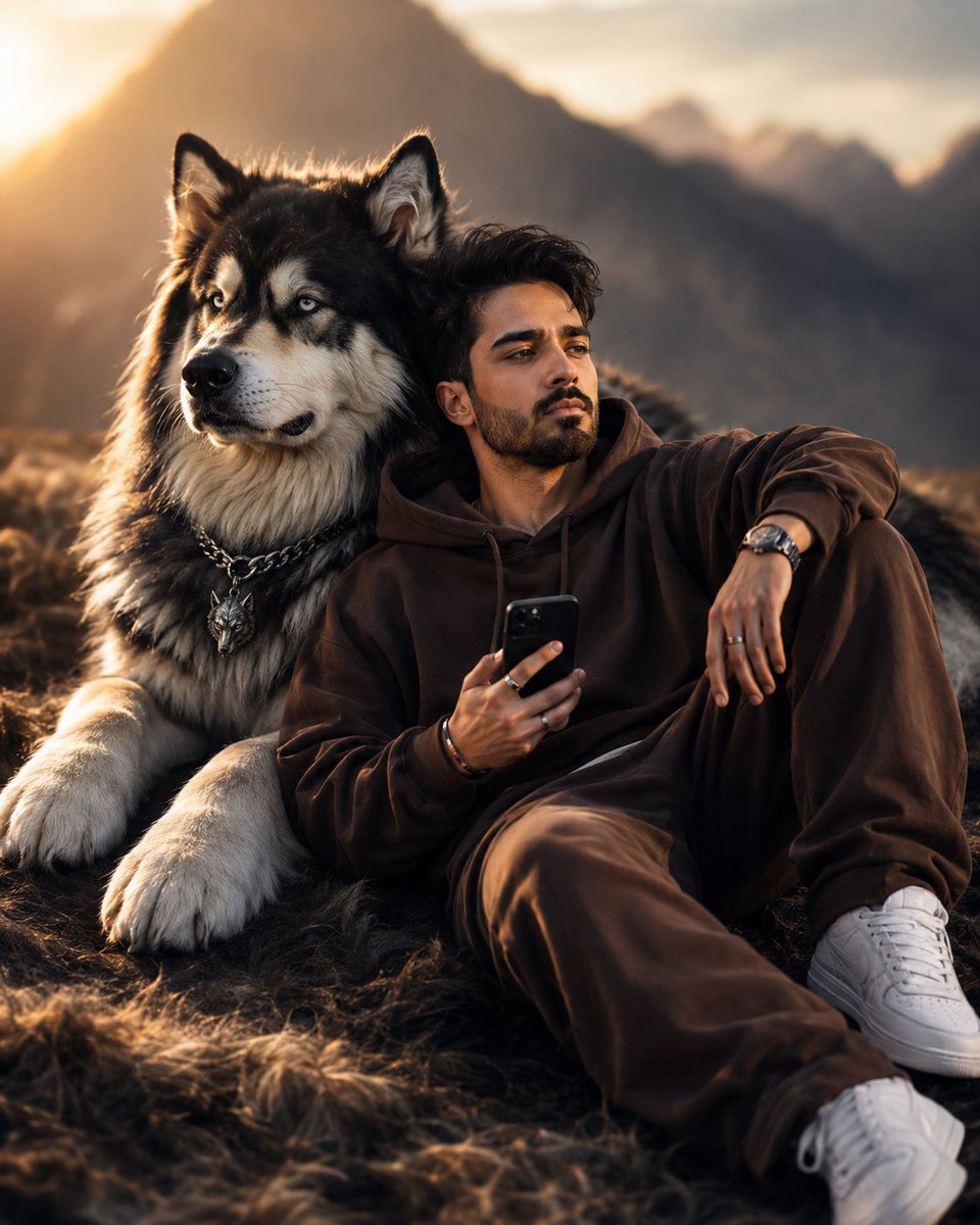 Cinematic Man and Giant Wolf Companion - AI image template preview