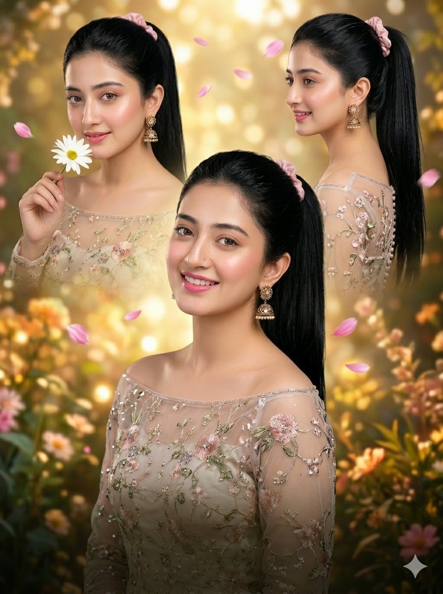 Luxury Floral Embroidery Portrait Collage - AI image template preview