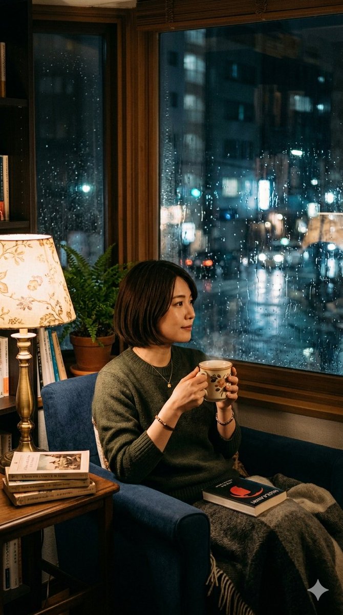 Cozy Rainy Night Indoor Portrait - AI image template preview