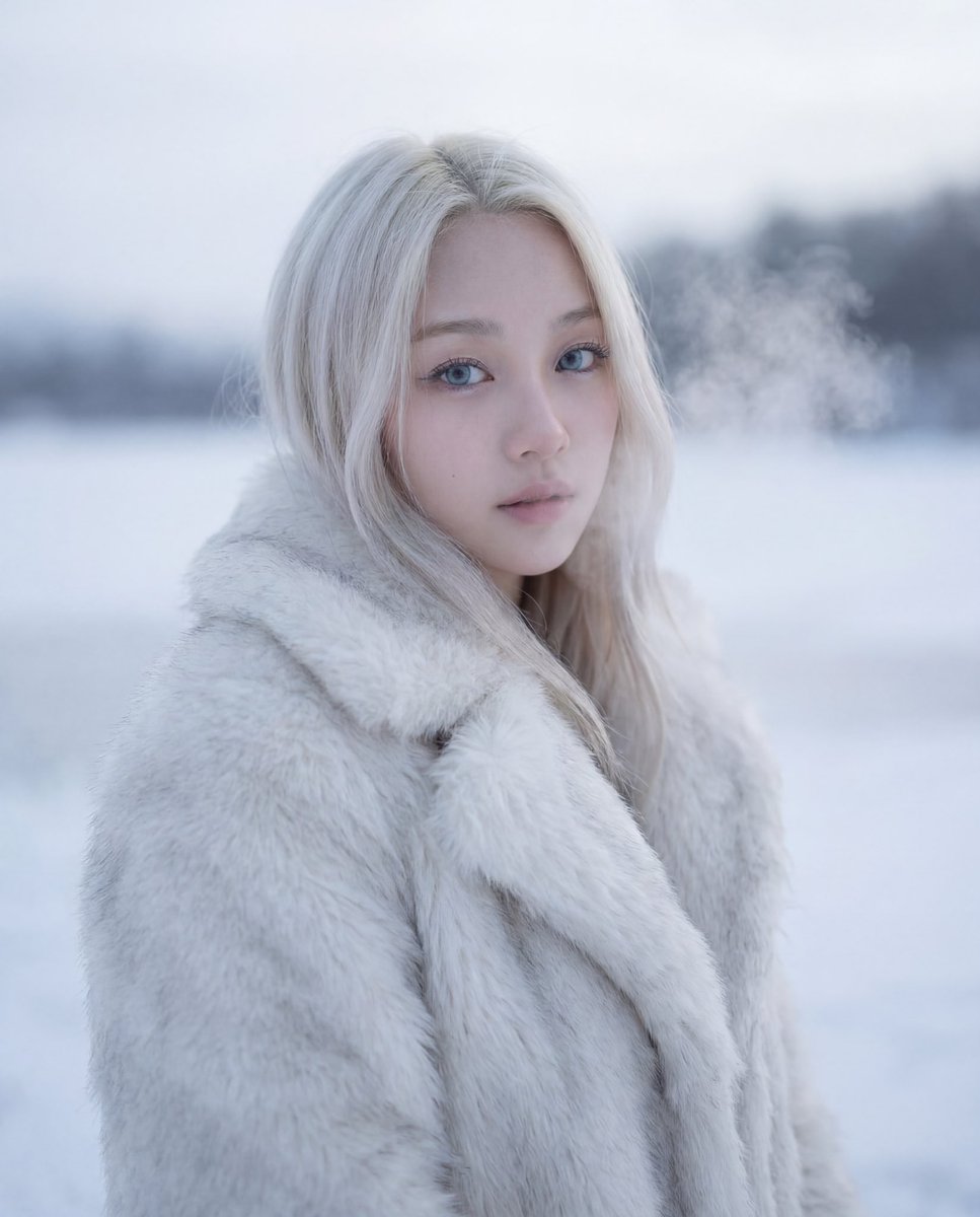 Cinematic Platinum Blonde Winter Portrait - AI image template preview