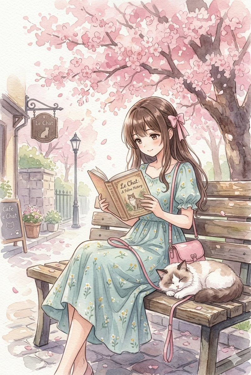 Watercolor Anime Girl Reading Under Cherry Blossoms - AI image template preview