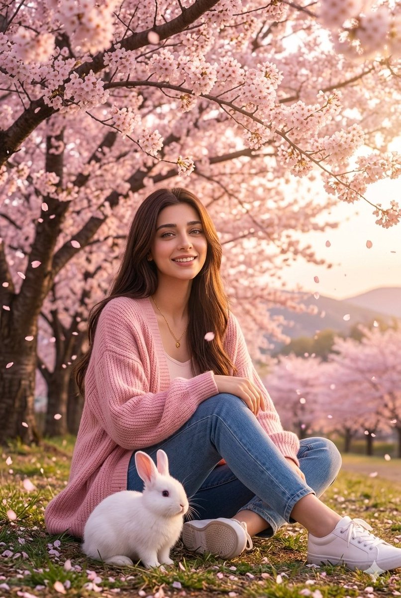 Woman with Rabbit in Cherry Blossom Garden - AI image template preview