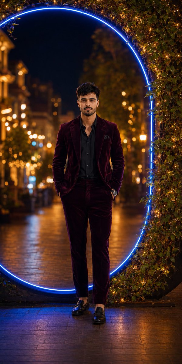 Luxury Velvet Suit Neon Portrait - AI image template preview