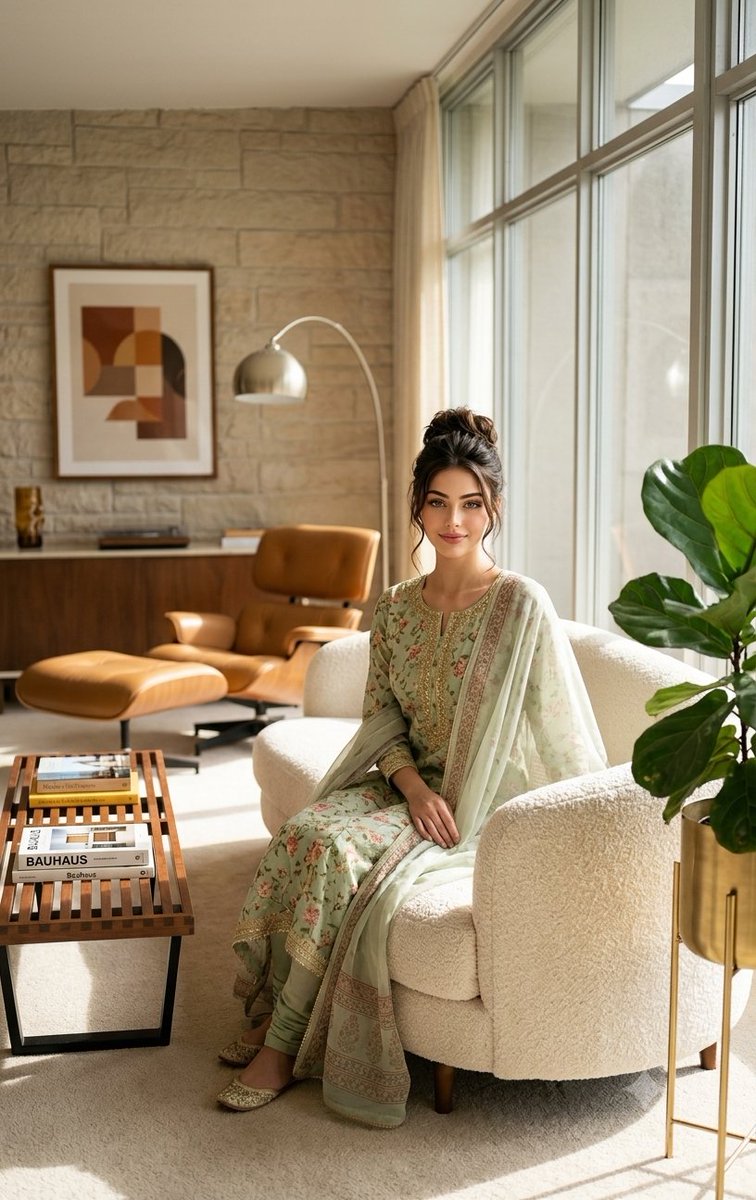 Mid-Century Modern Interior Girl Portrait - AI image template preview