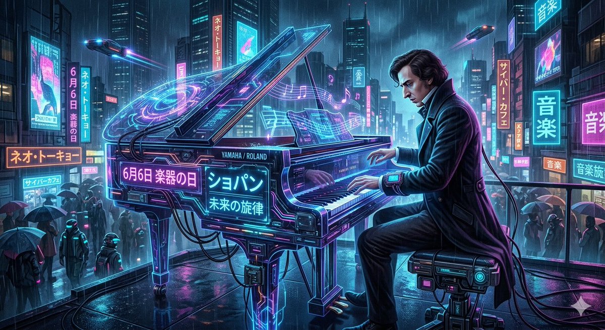 Chopin Playing Piano (Cyberpunk Style) - AI image template preview