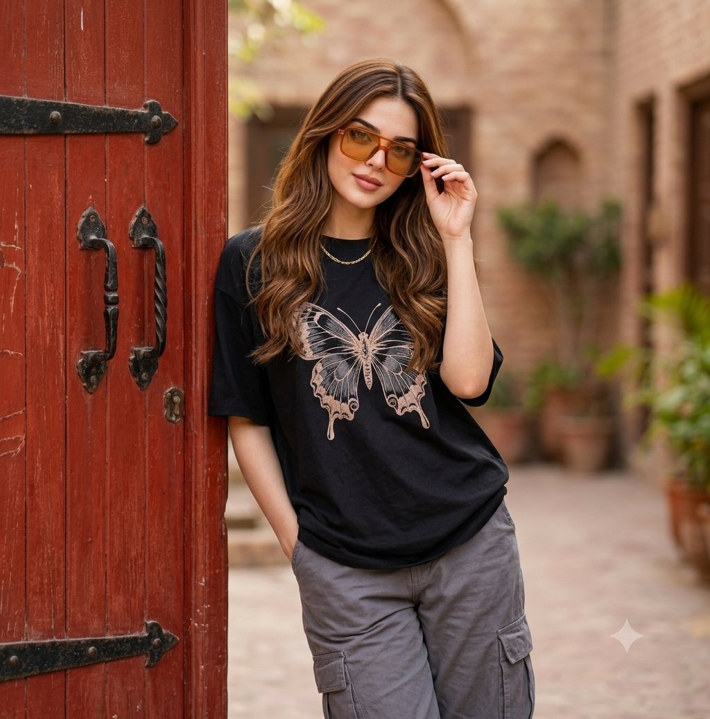Fashion Street Butterfly Tee Portrait - AI image template preview