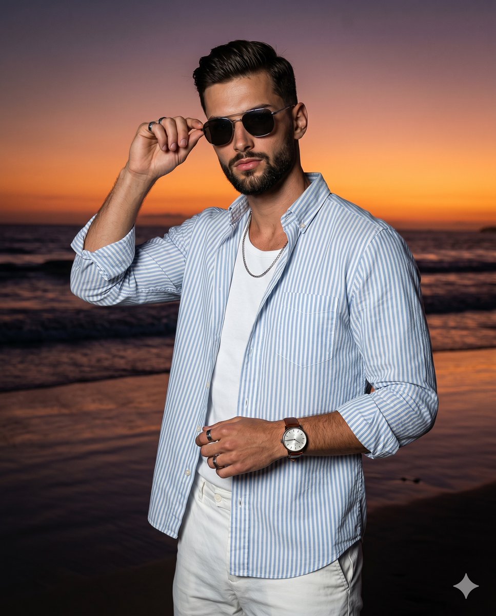 Confident Sunset Beach Portrait - AI image template preview