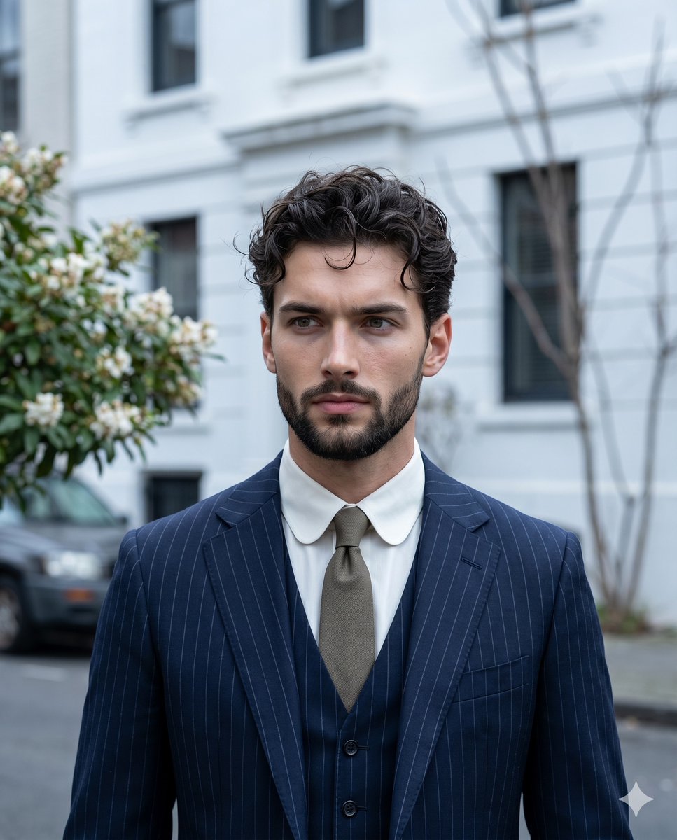 Sophisticated Urban Pinstripe Suit Portrait - AI image template preview