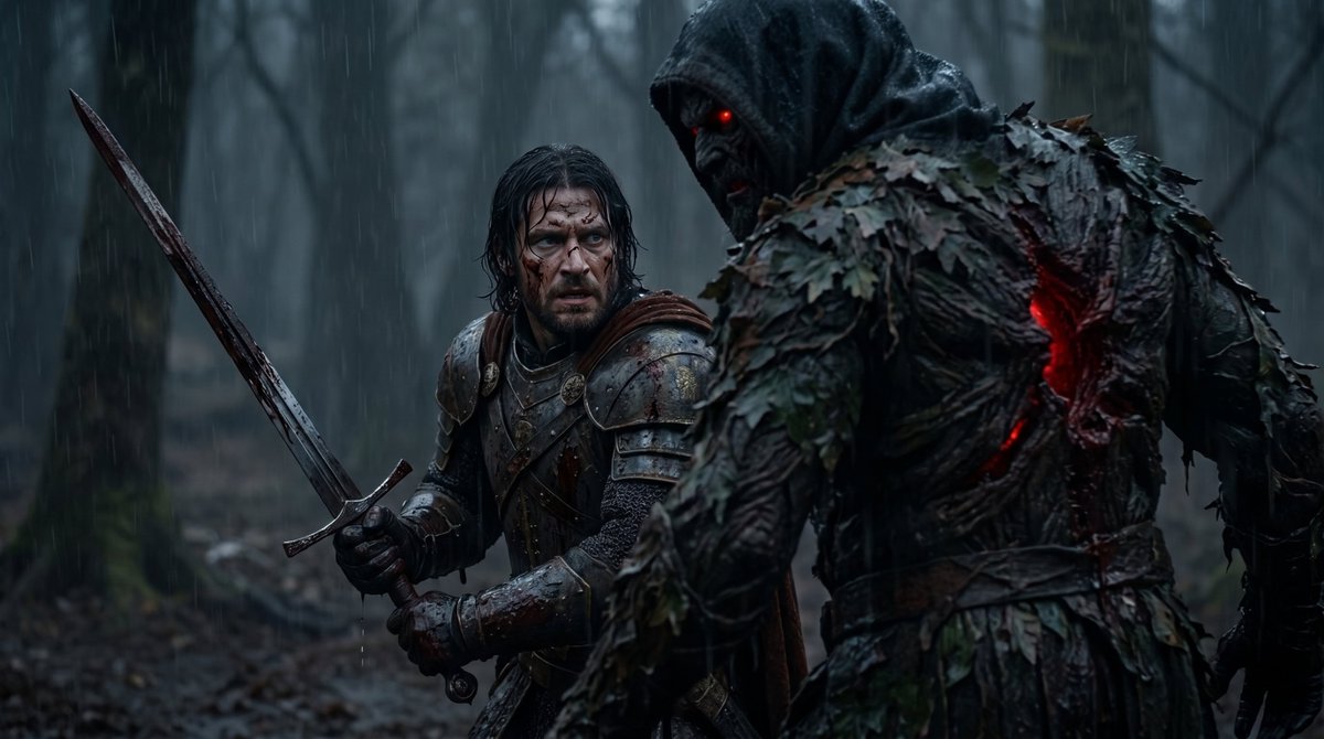 Battle-Worn Knight vs Forest Wraith - AI image template preview
