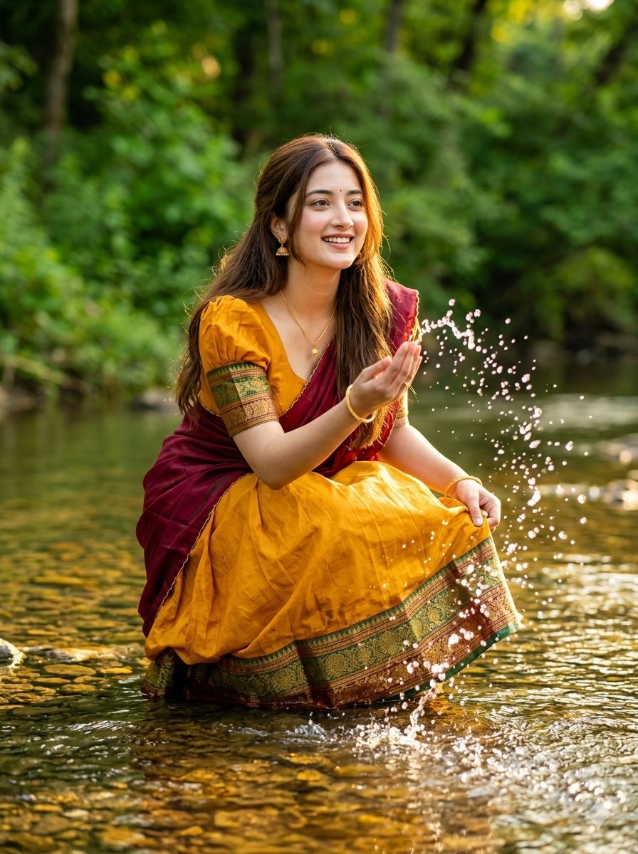 Joyful Forest River Saree Portrait - AI image template preview