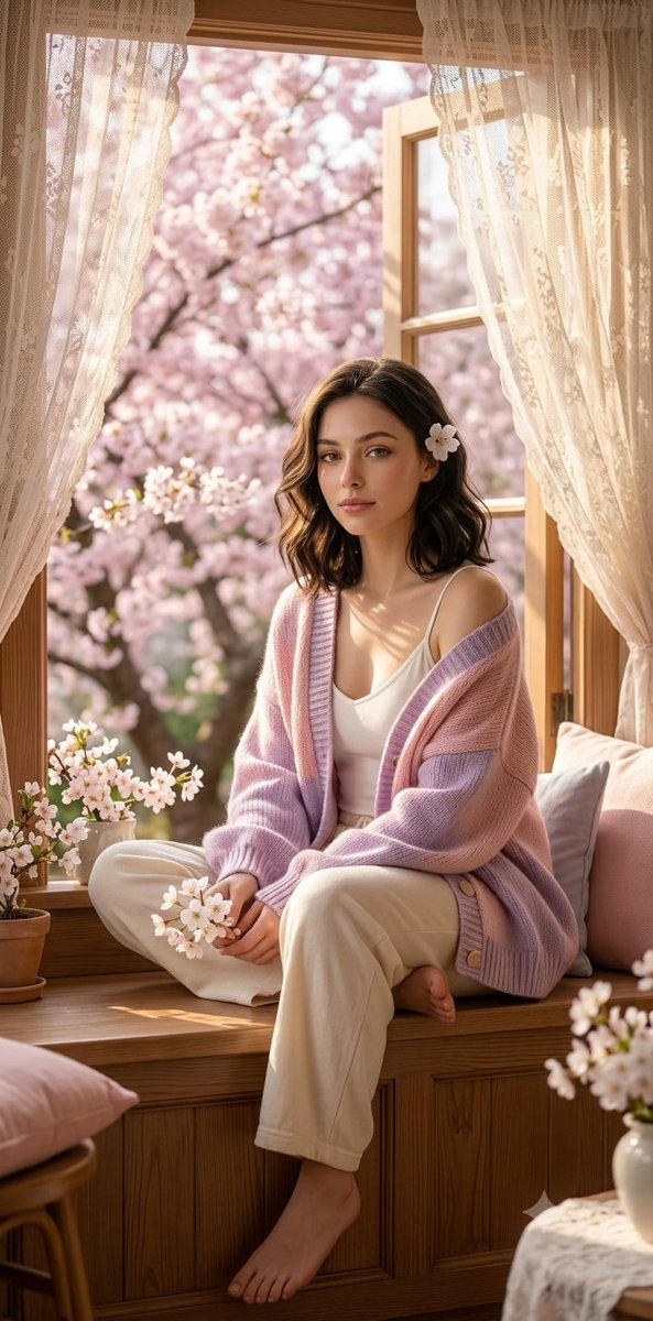 Spring Window Seat Cardigan Portrait - AI image template preview