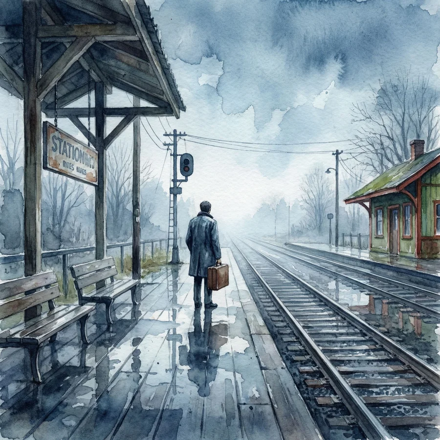 Rainy Train Station Watercolor - AI image template preview
