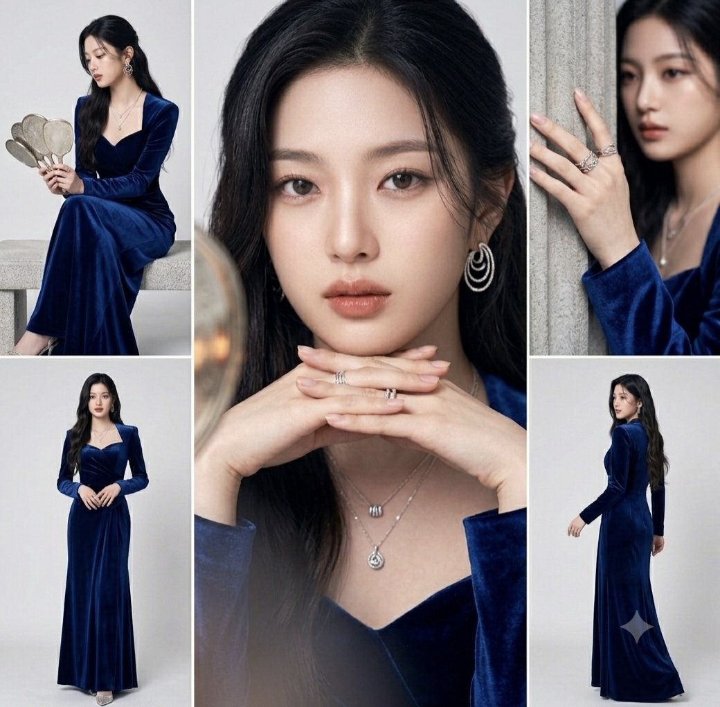 Royal Blue Velvet Fashion Collage - AI image template preview