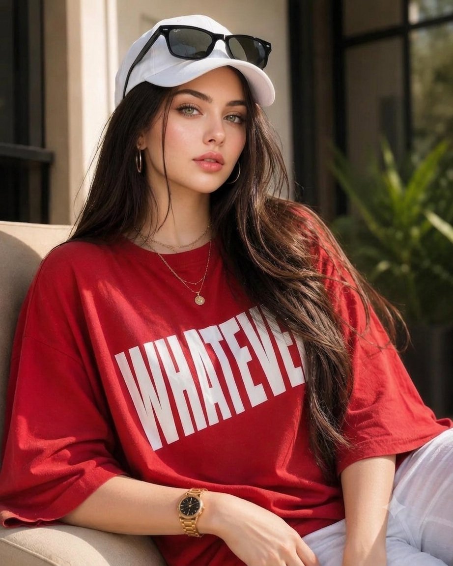 Fashion magazine portrait with red t-shirt - AI image template preview