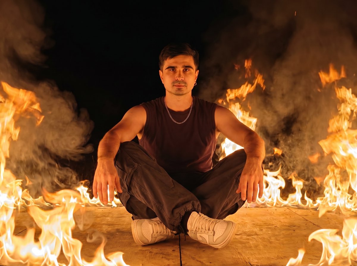 Dramatic Fire Editorial Portrait - AI image template preview