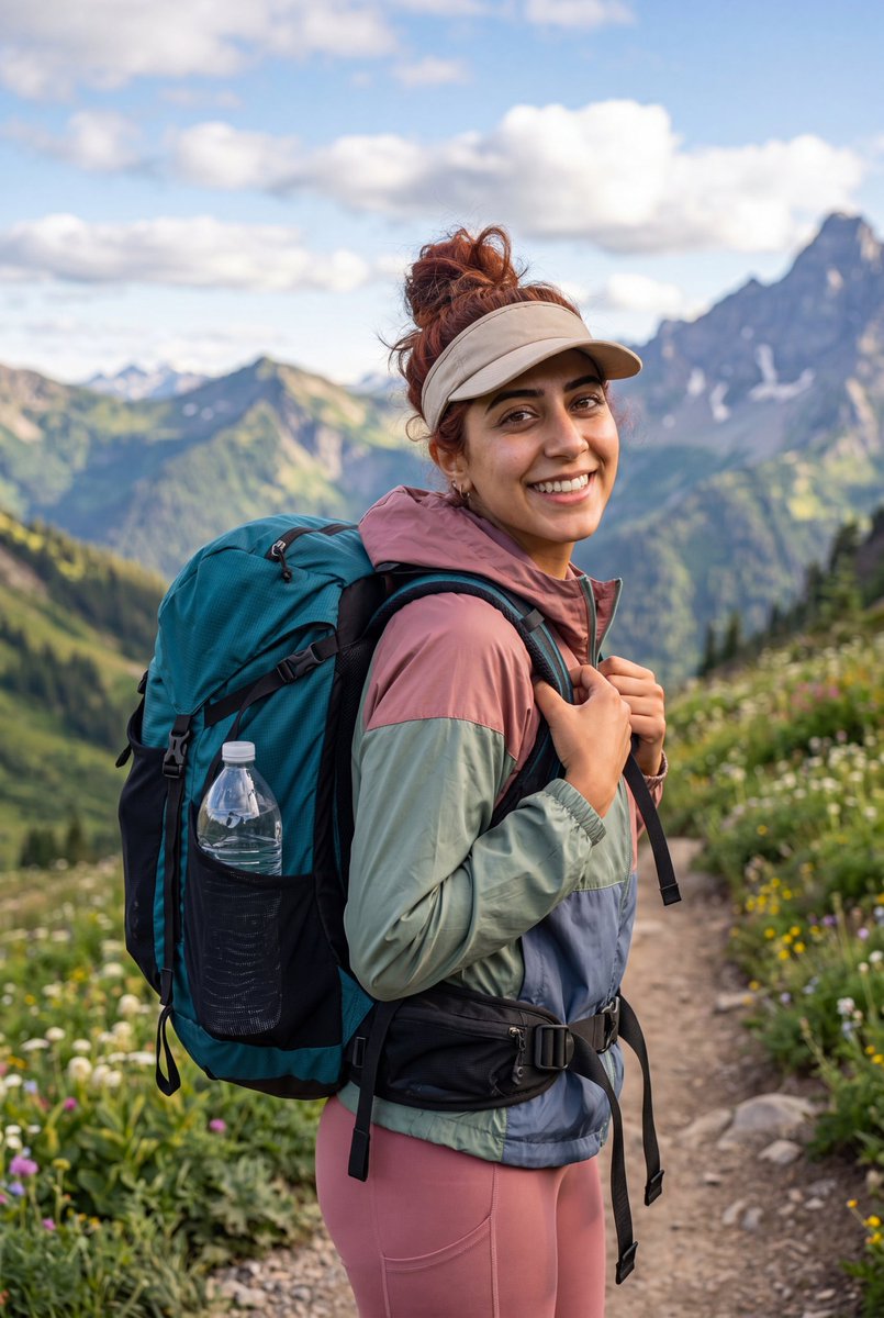 Alpine hiking lifestyle photography - AI image template preview