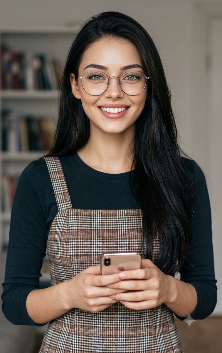 Cozy Indoor Portrait with Plaid Pinafore - AI image template preview