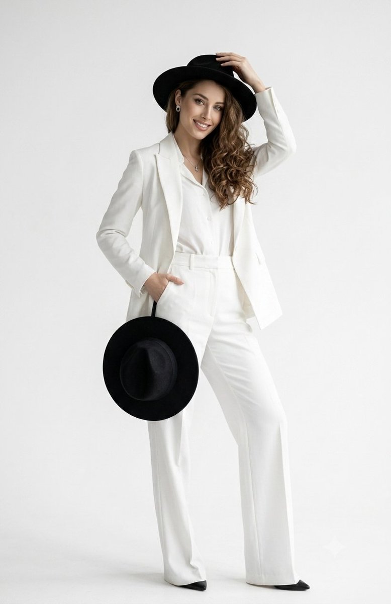 Elegant White Pantsuit Studio Portrait - AI image template preview