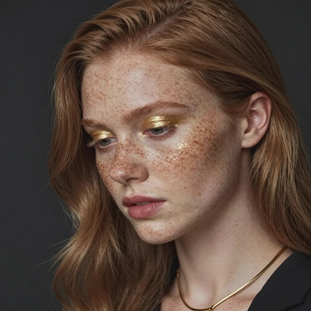 Freckled Model Gold Makeup Portrait - AI image template preview
