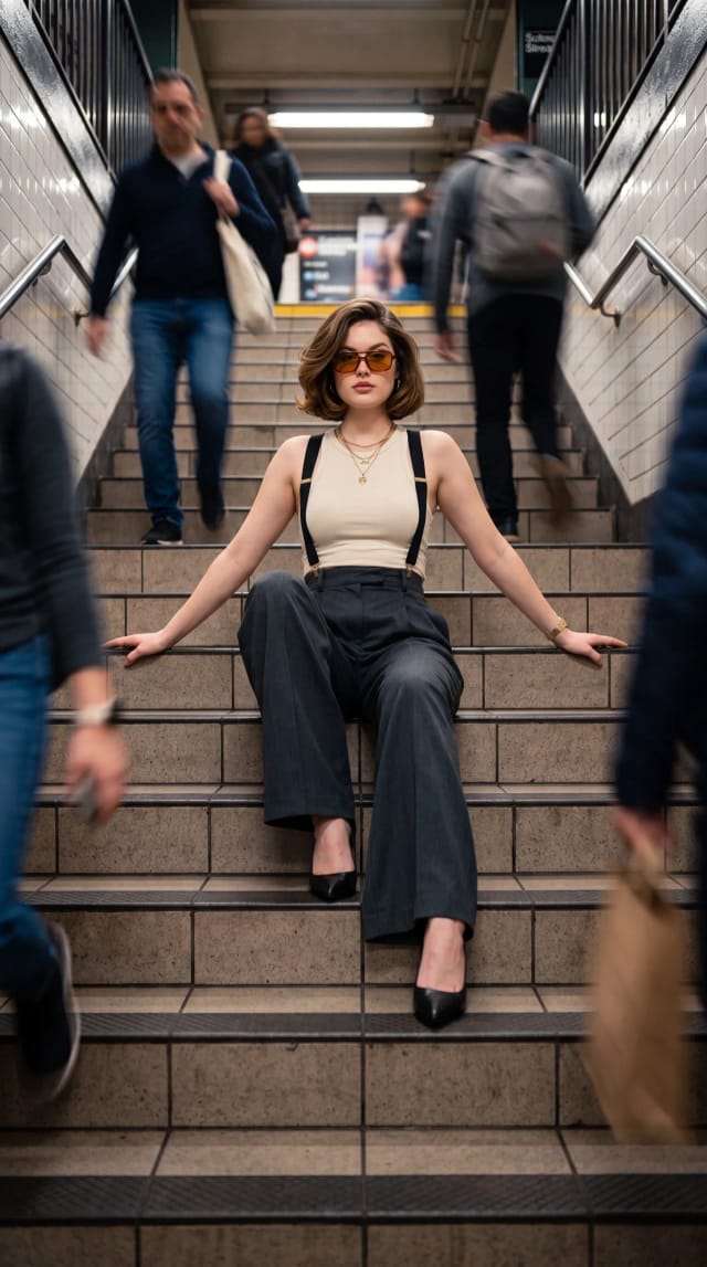 Subway Staircase Fashion Portrait - AI image template preview