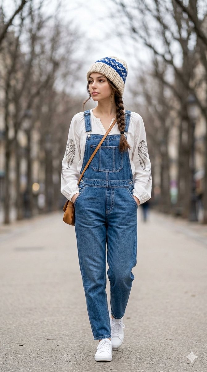 Street Fashion Walk in Denim Overalls - AI image template preview